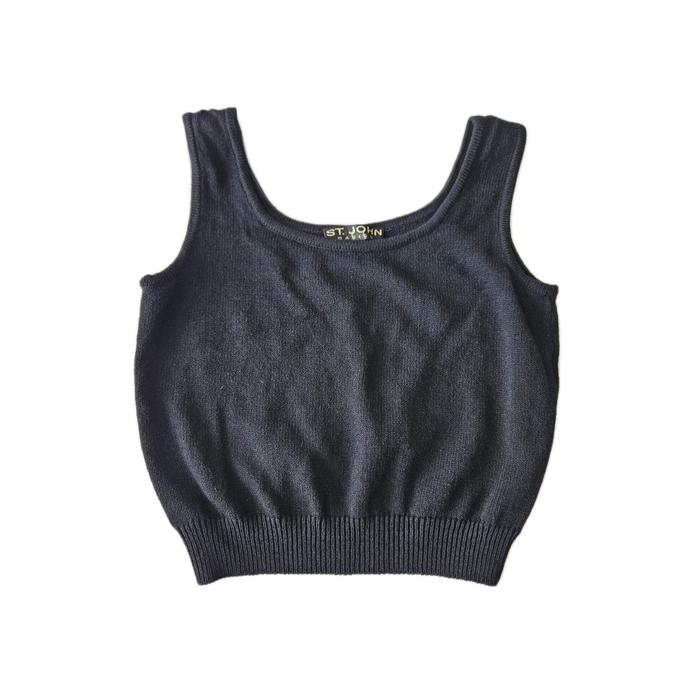 Vtg St. John Black Knit Cropped Tank Top Classic Minimalist Basic Petite